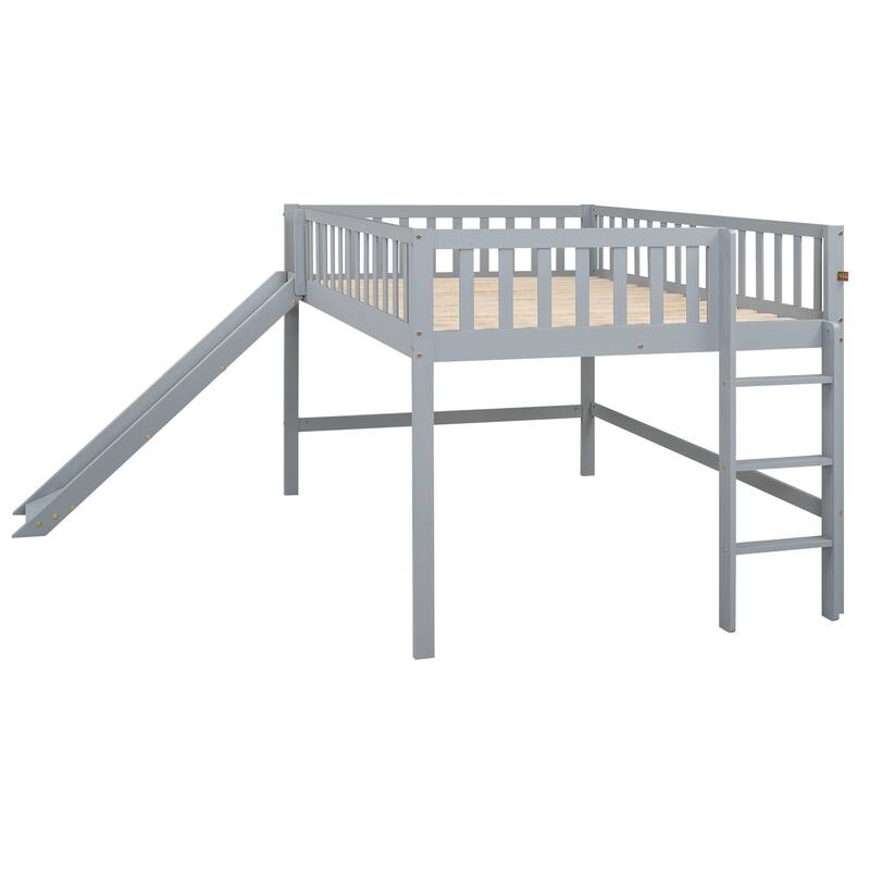 Low Loft Bed Kids Bed with Slide for Boys Girls, Loft Bed Toddler Bed with Ladder and Safety Guardrail Wood Slat Support