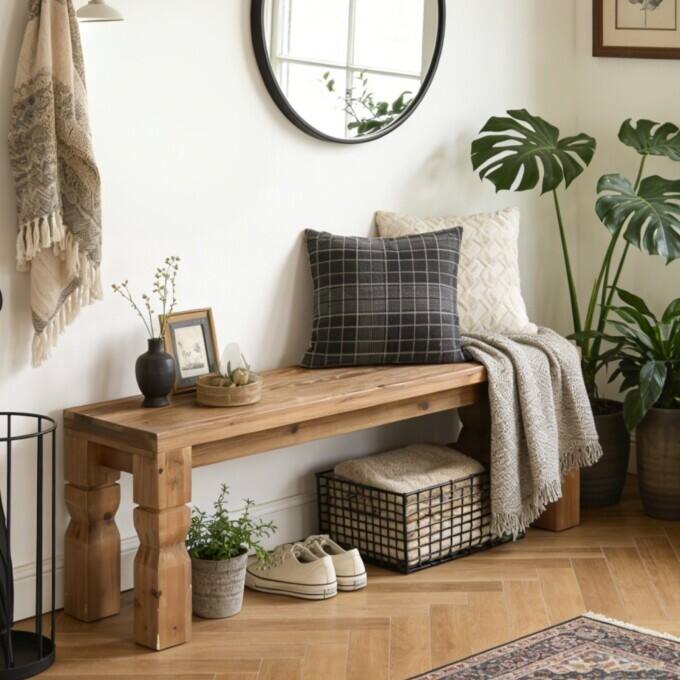 55" Solid Wood Entryway Shoe Bench, Farmhouse End of Bed Bench