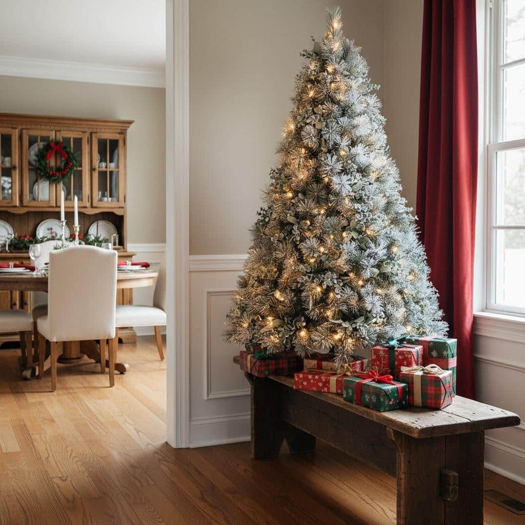 HomeRoots 4' Pre Lit Full Flocked Fir Christmas Tree - Green - 26.00 in. x 47.28 in. x 26.00 in.