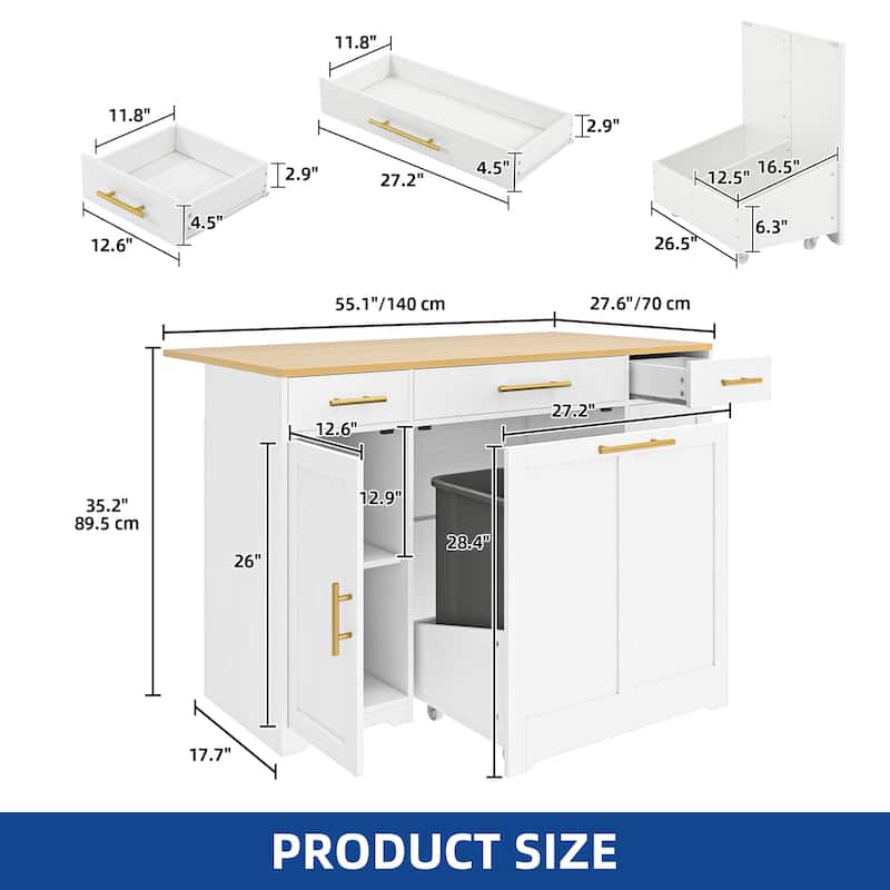 Moasis 55-inch Drop Leaf Kitchen Island With Pull Out Trash Can Storage Cabinet
