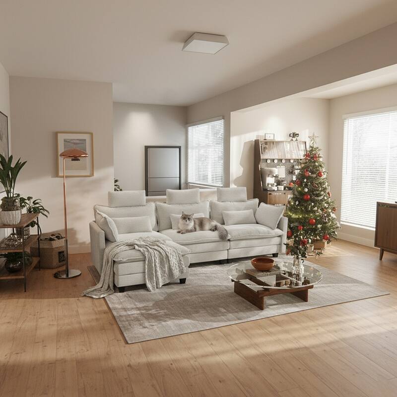 Modern Cream Corduroy 4-Seater Sectional Sofa with Adjustable Headrests, Pocket Spring Seats & Chaise Lounge