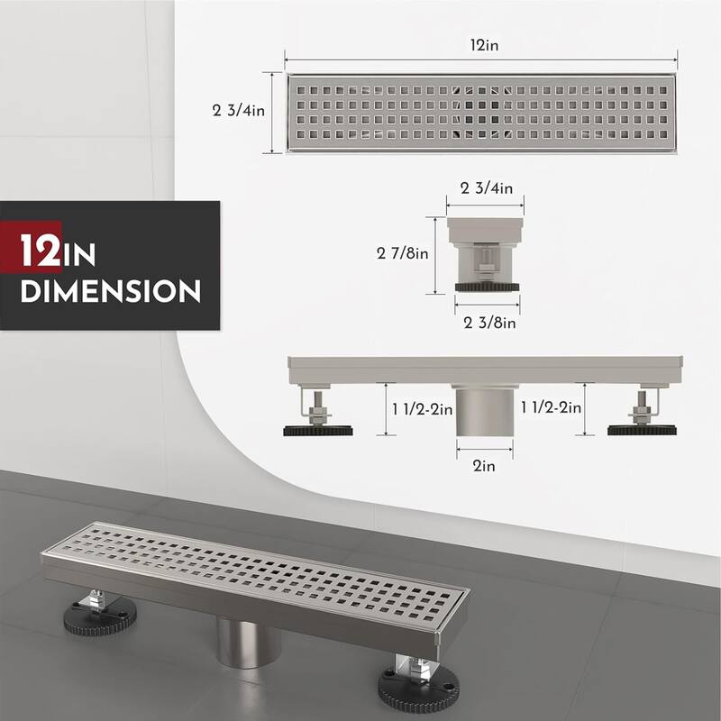 12-Inch Linear Shower Floor Drain, Square Hole Grate - 12 inch