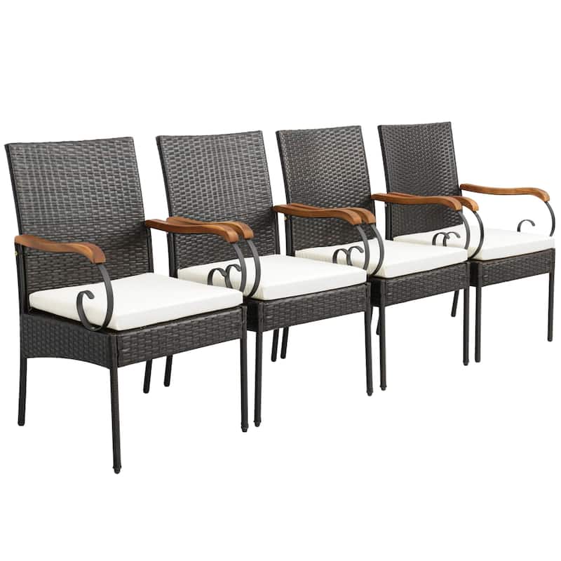 Costway 5PCS Patio Wicker Dining Set Armchairs Acacia Wood Table with - See Details