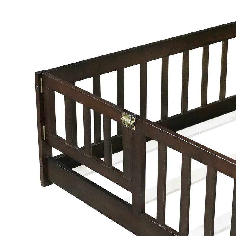 Full Size Floor Bed with Fence and Door,Rubber Wood Floor Bed with Safety Guardrails