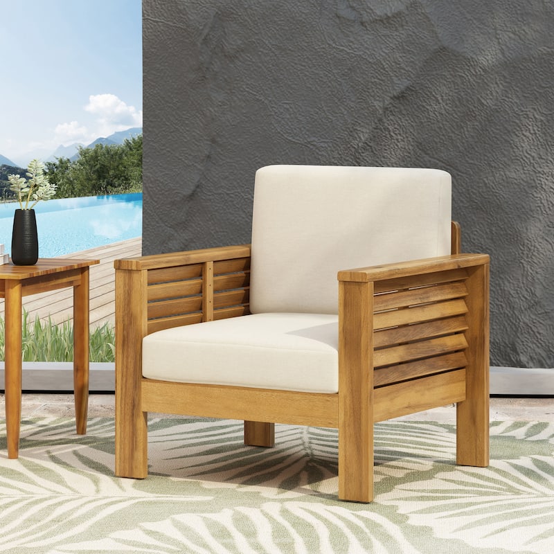 Roomfitters Outdoor Acacia Wood Club Chair with Cushions, Teak Frame and Weather-Resistant Beige Cushions, Ideal for Patio