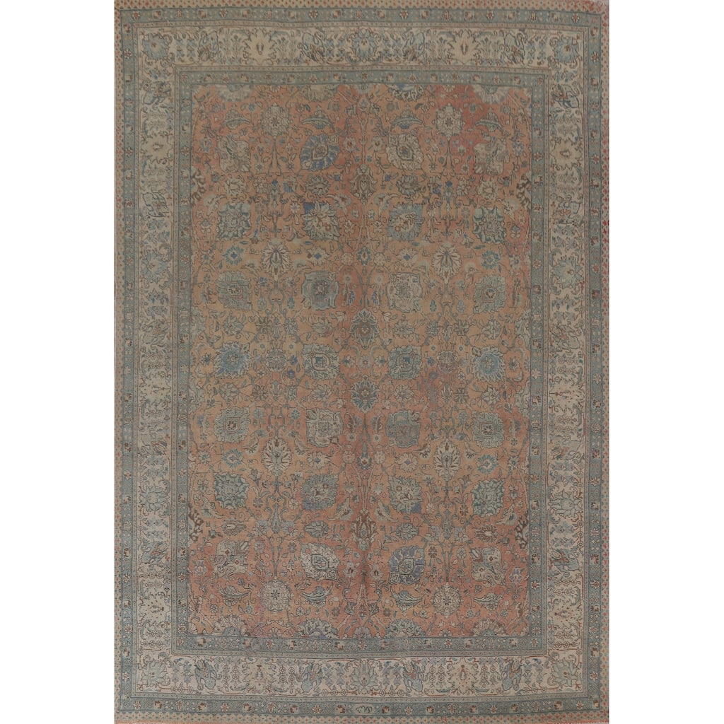Hand Knotted Oriental 100% Wool Carpet Traditional All-Over Coral Tabriz Area Rug - 12' 4'' X 9' 1''