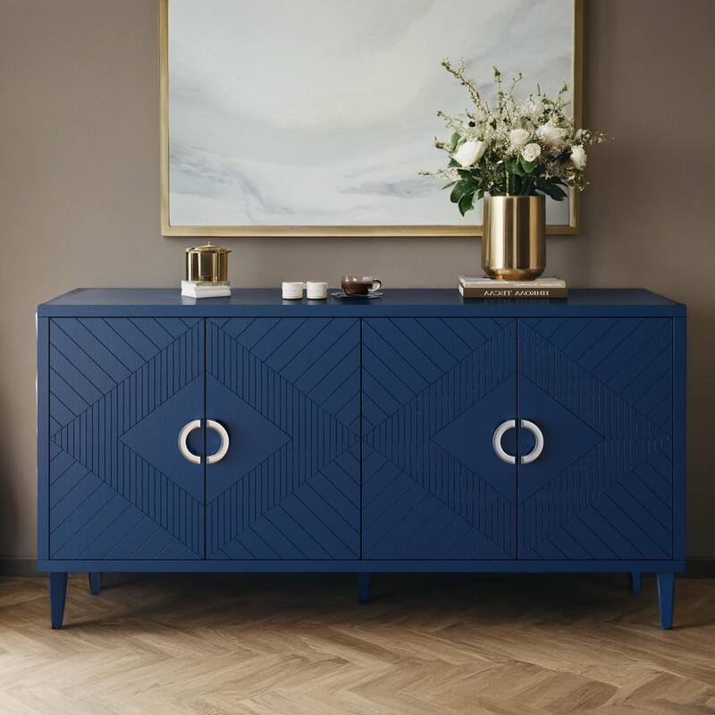 Stylish and Functional 4-Door Storage Cabinet with Pine Legs and MDF, for Living Room Bedroom,and Kitchen - Navy Blue