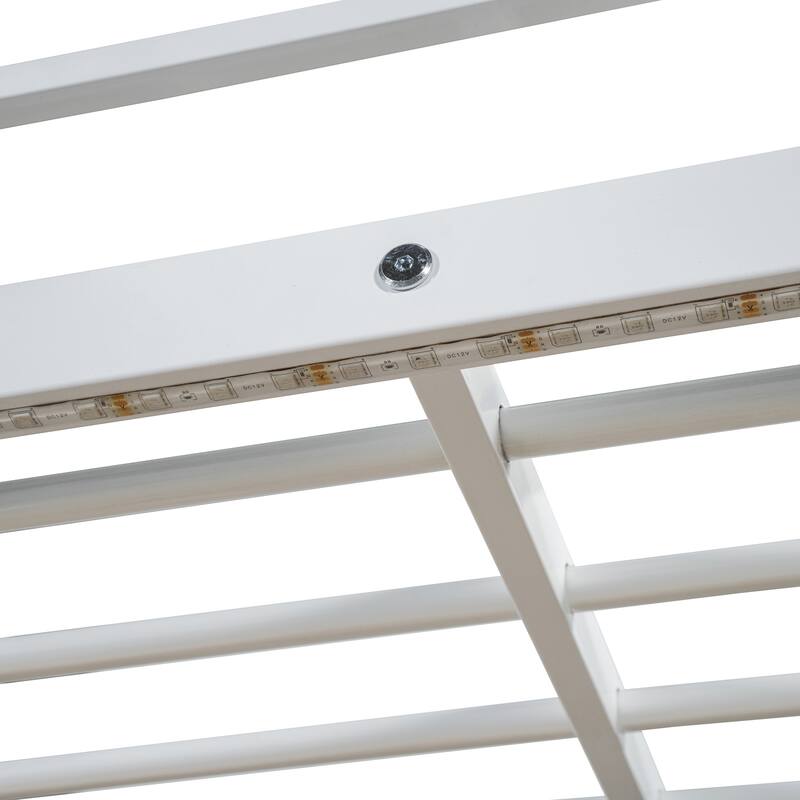 Full Size Loft Metal Bed with Desk,Shelves,Power Outlet,LED Light and Wardrobe, White