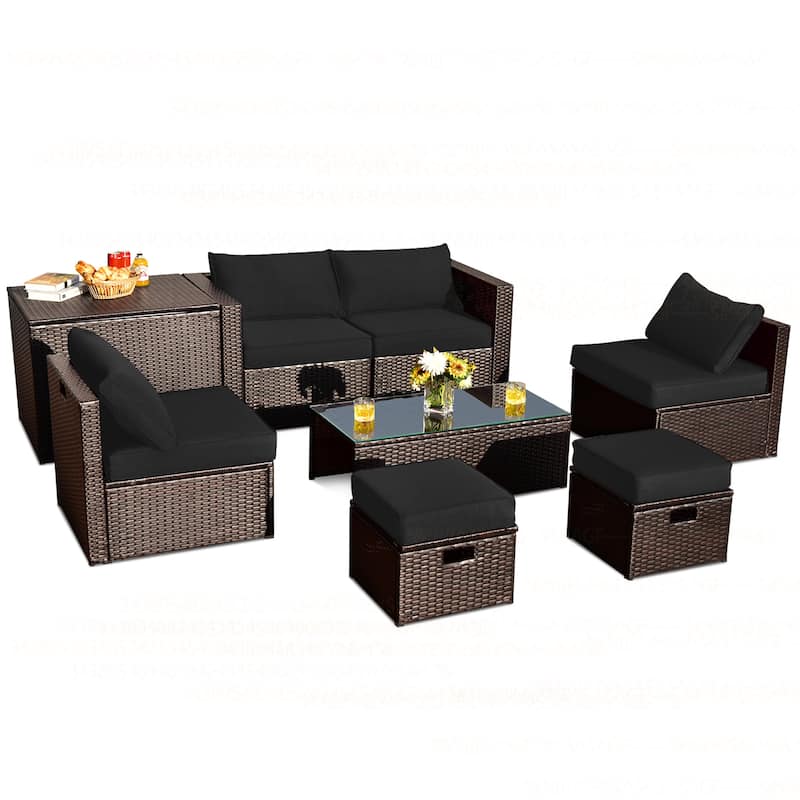 8PCS Patio Rattan Furniture Set Space-Saving Storage W/ Cushion - Black