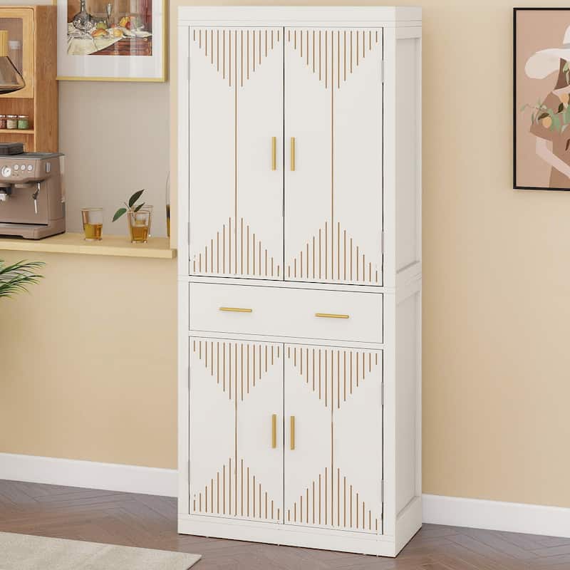 Moasis Farmhouse Freestanding 72'' Kitchen Pantry Storage Cabinet Cupboard with Drawer Adjustable Shelves - White/Gold