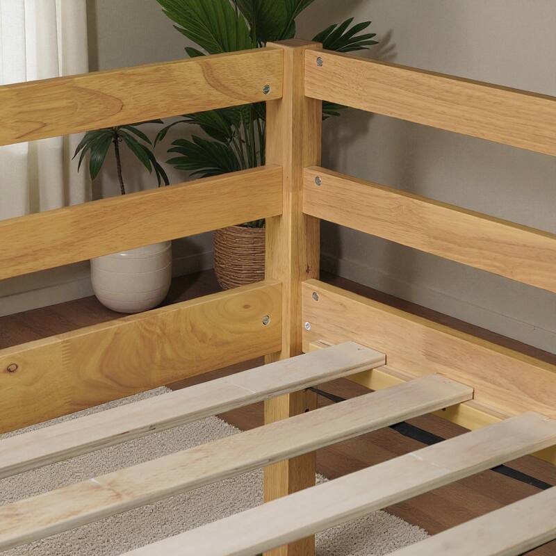 Solid Wood Twin Loft Bed with Ladder, Rubber Wood Frame Low Height Design with Guard Rails and Storage Space