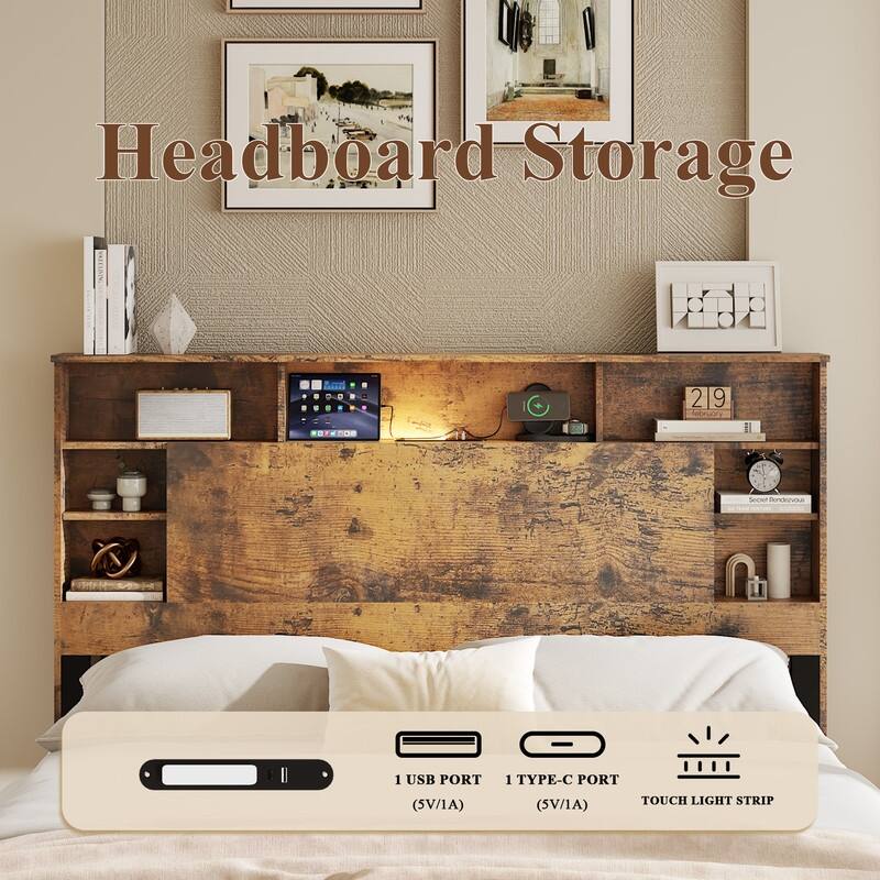 alazyhome Wooden Platform Storage Bed Frame with Charging Station, LED Lights & Bookcase