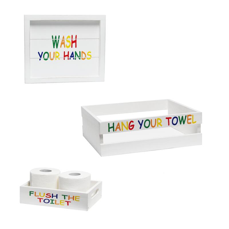 Elegant Designs Three Piece Decorative Wood Bathroom Set - Small - White Wash Hands