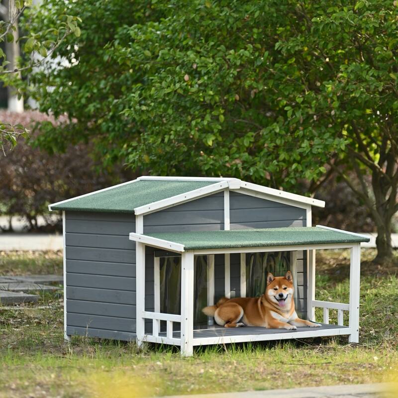 47.2" Outdoor & Indoor Large Wooden Dog Hous with Porch and 2 Doors - Grey + Green 
