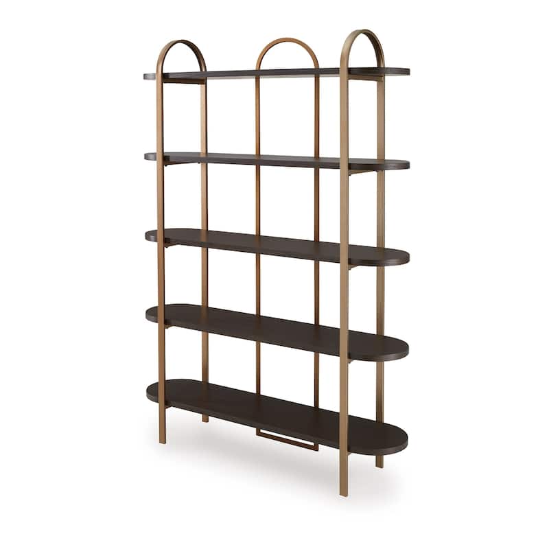 72 Inch Bookcase with 5 Ash Wood Storage Shelves, Retro Gold Frame