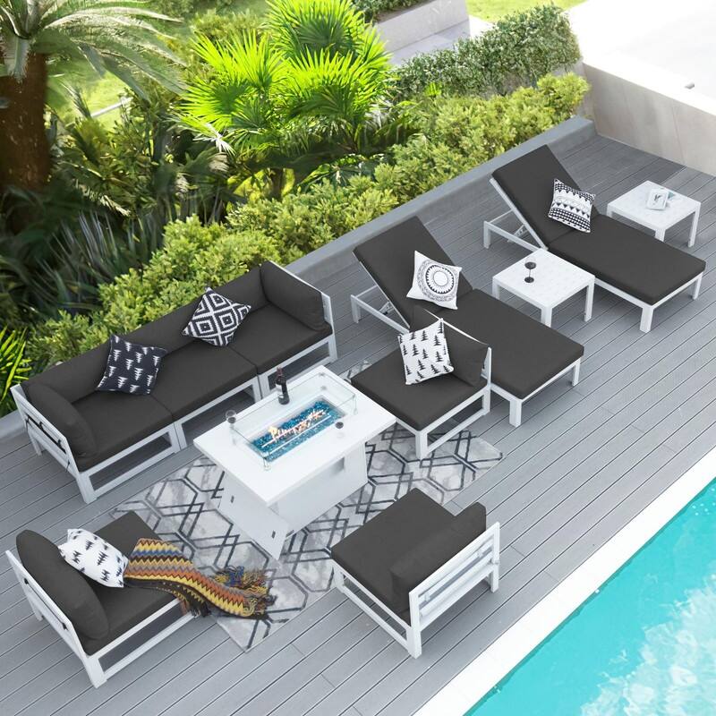 11-Piece Luxury Aluminum Outdoor Furniture Set with Chaise Lounge & Fire Pit Table, 29" Deep Seating Aluminum Patio Sectional - Dark Gray - White Frame