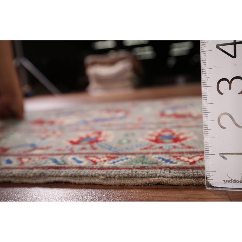 Gray Geometric Kazak Runner Rug Hand-Knotted Wool Carpet - 2'9" x 12'8"