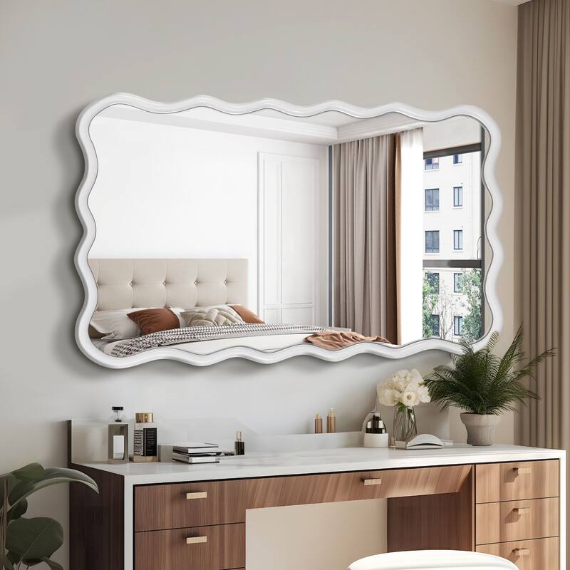 Roomfitters 40" x 28" Solid Wood Wavy Rectangle Mirror, Modern Wall Decor for Bathroom & Entryway, White - White