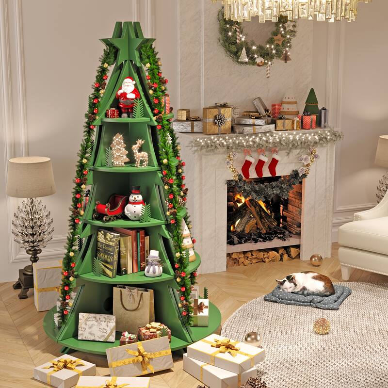 Bookshelf 5-Tier Corner Bookshelf, Solid Wood Bookcase - 71.1"