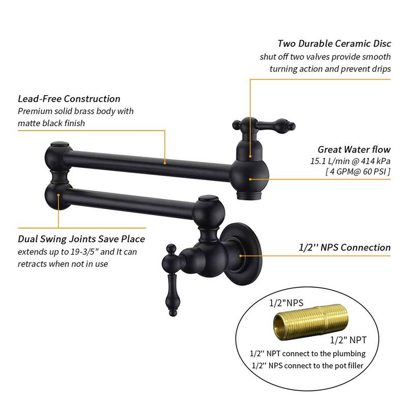 BATHLET Pot Filler Folding Double Jointed Swing Arm Sink Faucet