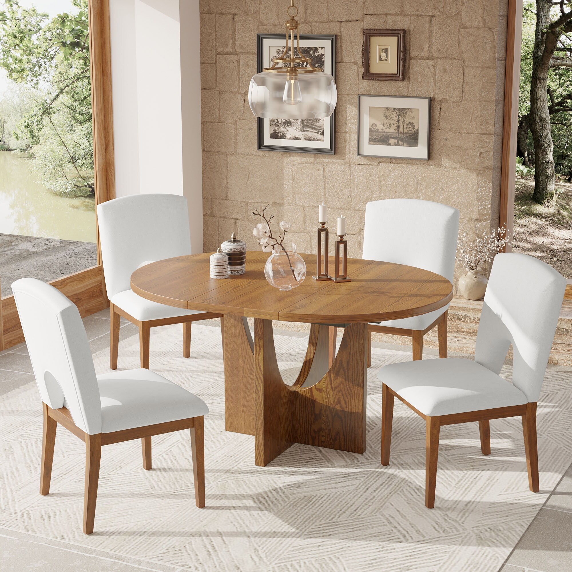 Traditional 5 Piece Extendable Round Dining Table Set 16.2inch Removable Leaf 4 Upholstered Full Back Chairs Walnut On Sale Bed Bath Beyond 41577183