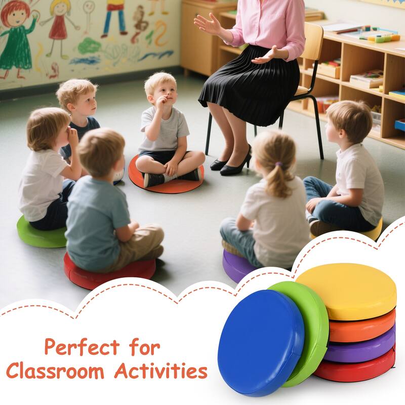 Set of 6 Colorful Stackable Kids Floor Cushions with Handles and PU Foam Seats for Classroom or Home - 14" x 14" x 2.5"