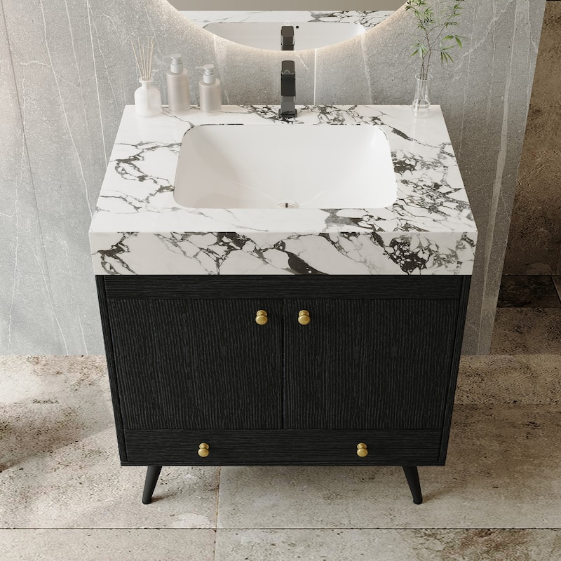 Mid-Century 30" Freestanding Bathroom Vanity with Faux Marble Top, Ceramic Sink & Gold Legs Cabinet