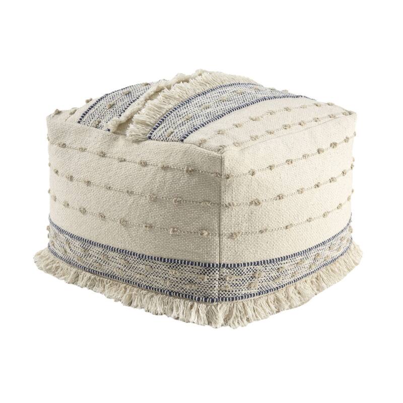 HomeRoots 18" Ivory and Navy Blue Cotton And Wool Striped Pouf Ottoman
