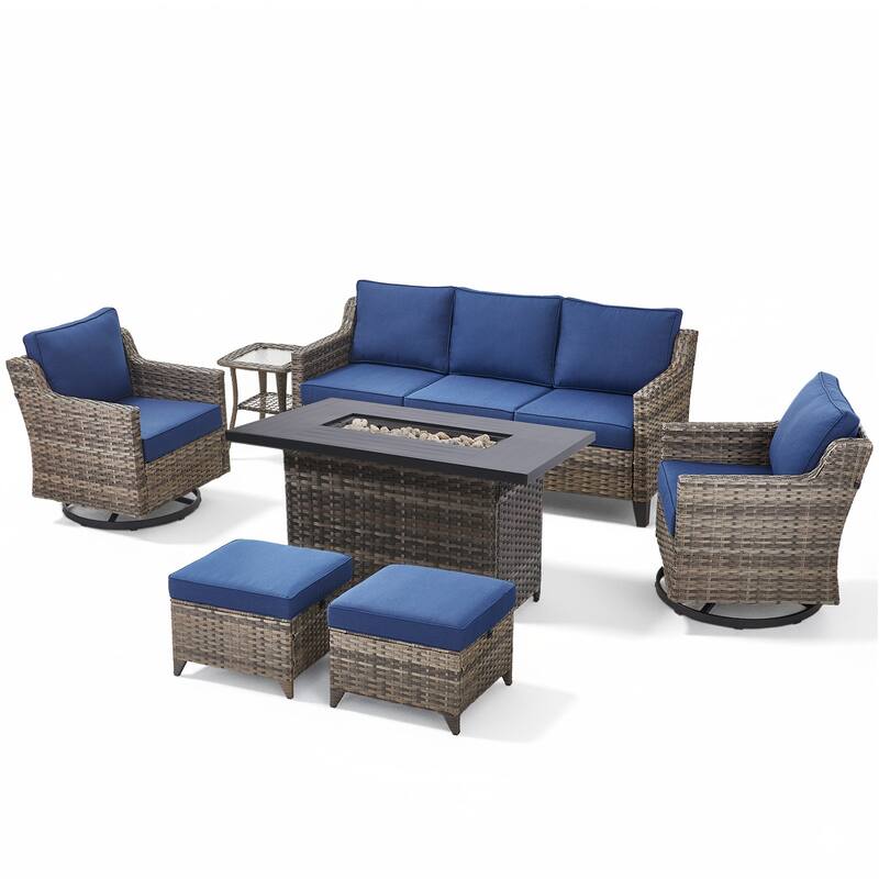 Glissia 7-Piece Gray Wicker Fire Pit Conversation Set with height-adjustable fire pit