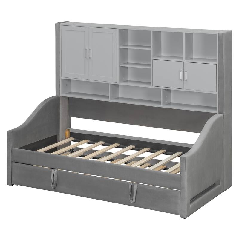 Twin Size Upholstered Daybed Sofa Bed with All-in-one Bookcase Storage Cabinets Shelves, Pull-out Lift-up Trundle, Arm Lights
