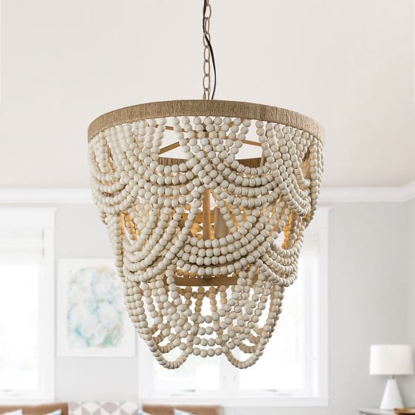 slide 1 of 9, 19.7" Wide Beige Layered Wood Beaded Chandelier with 4-Light