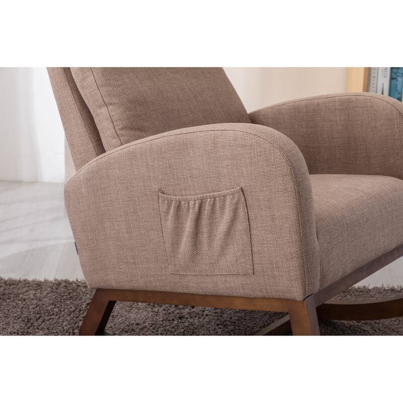 Modern Accent Upholstered Rocking Rocker High Back Arm Chair with Wooden Frame Side & Pockets for Living Room