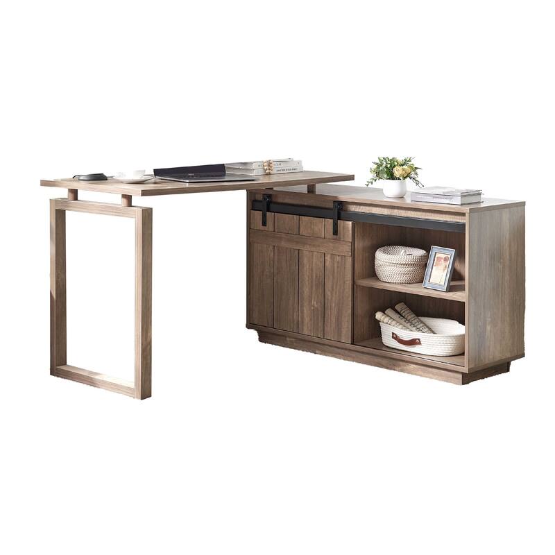 Fior L Shaped Writing Desk, 56 Inch, Hazelnut Brown Wood, Barn Door