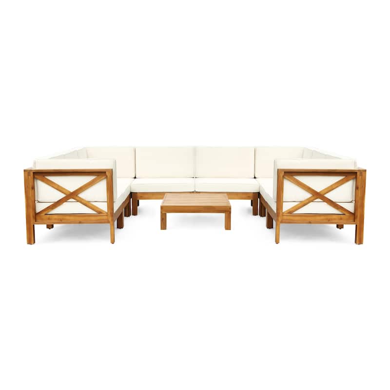 Brava Acacia Wood Outdoor Sectional Sofa by Christopher Knight Home - teak + beige cuhsion
