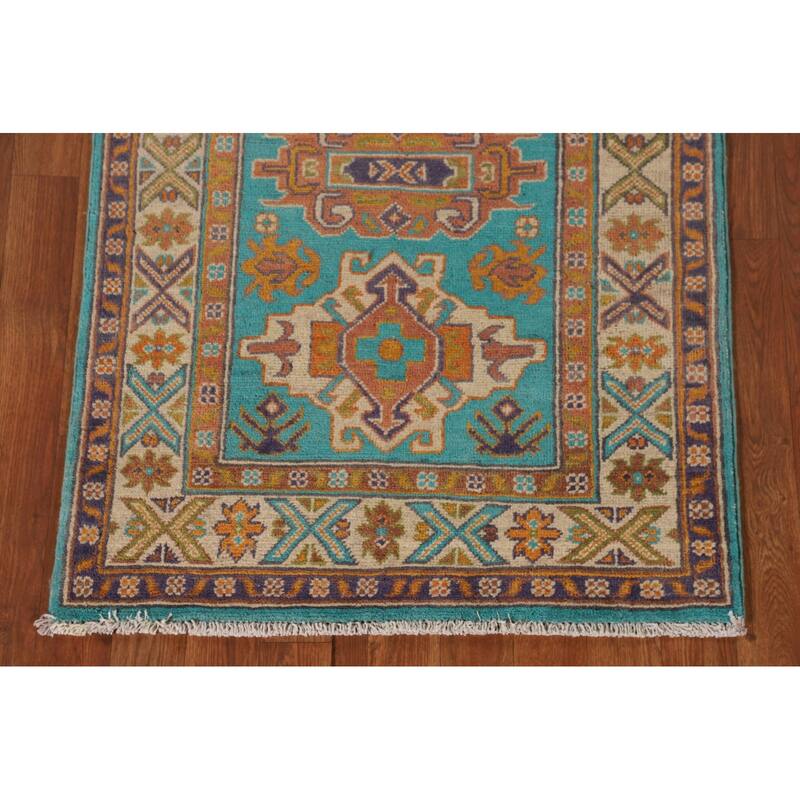 Turquoise Blue Kazak Oriental Accent Rug Hand-Knotted Wool Carpet - 2'8"x 3'10"