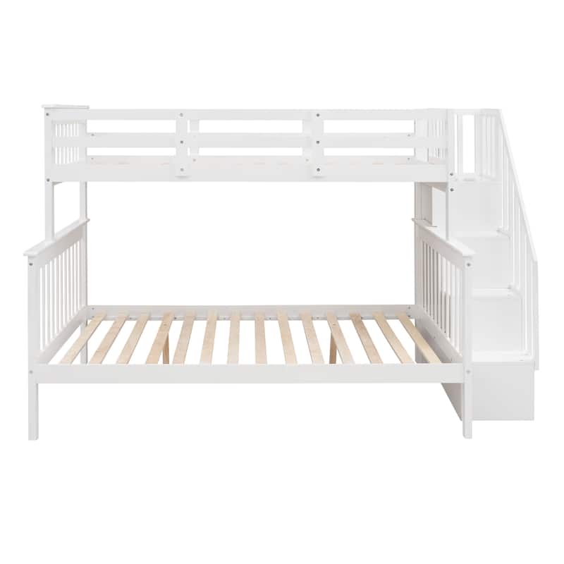 Twin Over Full Bunk Bed with Storage Stairs, Full-Length Guardrail