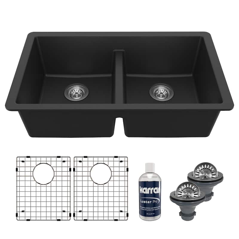 Karran 32" Undermount Double Equal Bowl Quartz Kitchen Sink Kit - 32" x 19.5" x 9" - Black