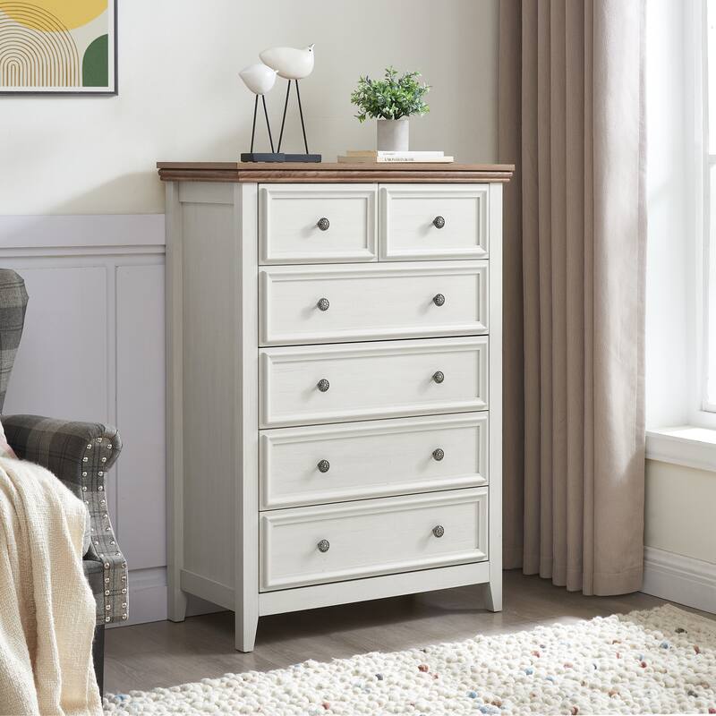 Modern Drawer Dresser Farmhouse Style Dresser Clothes Organizer with 6 Drawers Metal Slides Metal Handles, for Living Room Beige