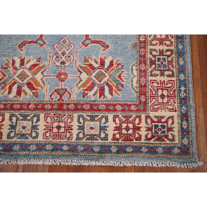 Light Blue Geometric Kazak Accent Rug Hand-Knotted Wool Carpet - 2'11" x 4'11"