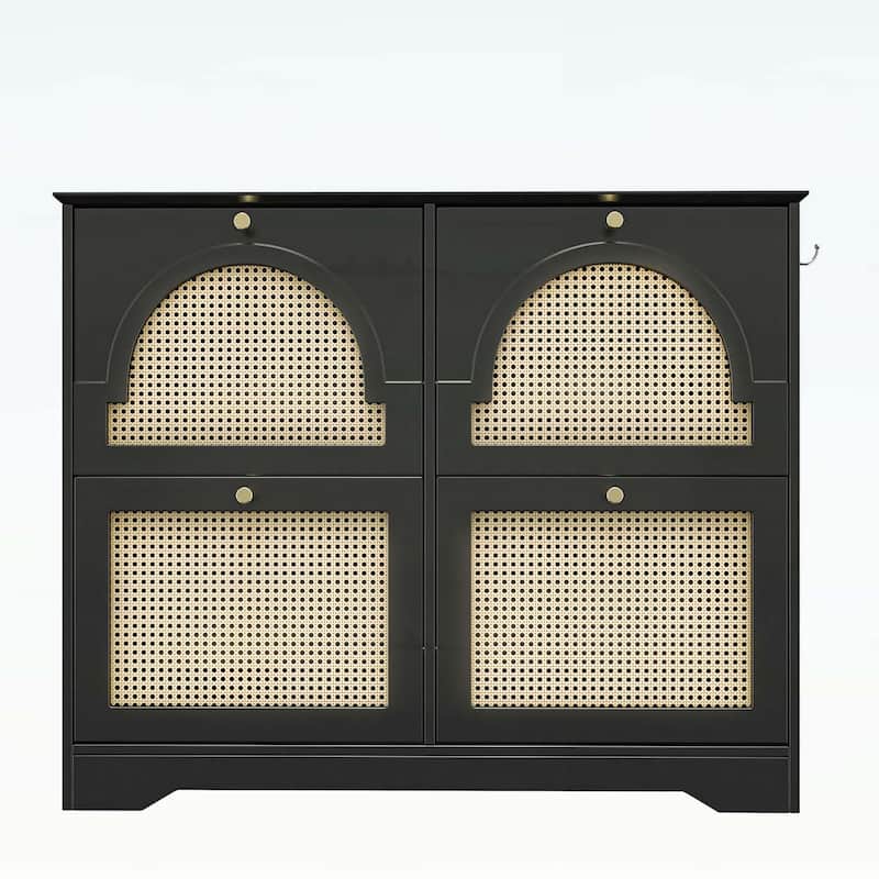 Elegant Entryway Shoe Cabinet with 4 Flip Drawers,with Rattan Doors and Hooks - Black