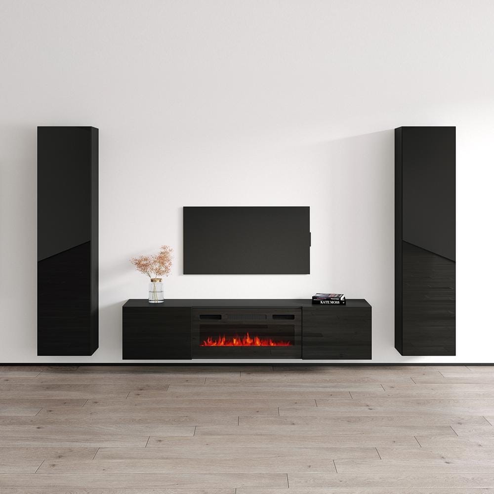 Meble Furniture Cali BL-EF 104" Floating Fireplace Ent Center with Glass Door Bookcases and E-Fireplace