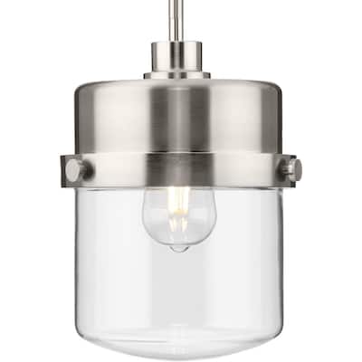 Beckner Collection One-Light Brushed Nickel Clear Glass Urban Industrial Pendant Light - 8 in x 8 in x 11.25 in