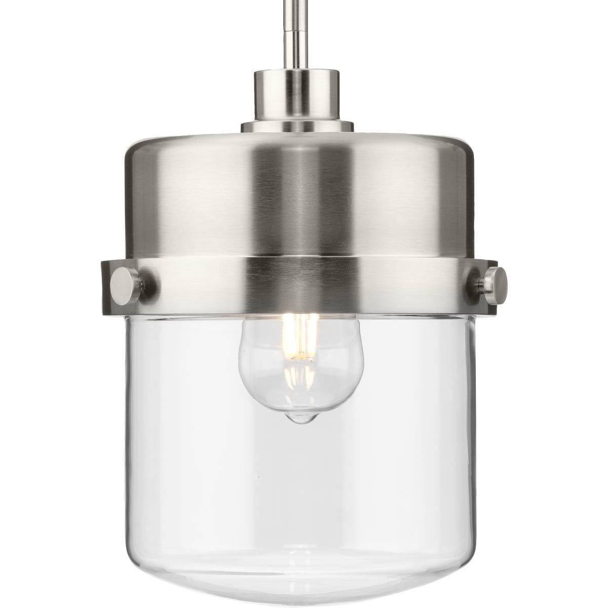 Beckner Collection One-Light Brushed Nickel Clear Glass Urban Industrial Pendant Light - 8 in x 8 in x 11.25 in