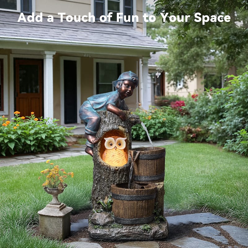 3-Tier Outdoor Fountain – Kid and Owl Play Scene with Cascading Water, Weather Resistant