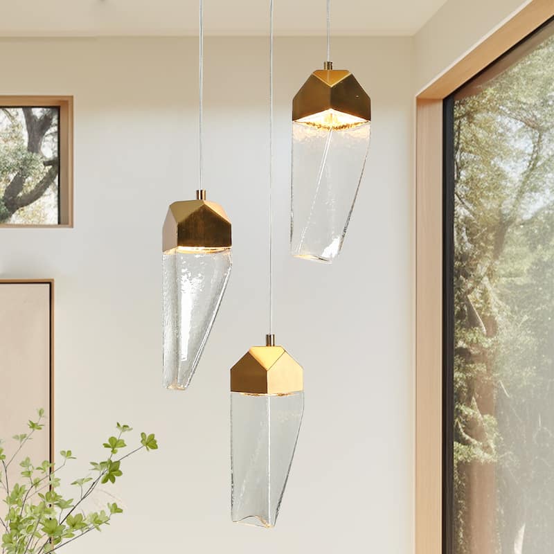 Modern 3-Light LED Cluster Pendant Gold Irregular Crystal Glass Chandelier