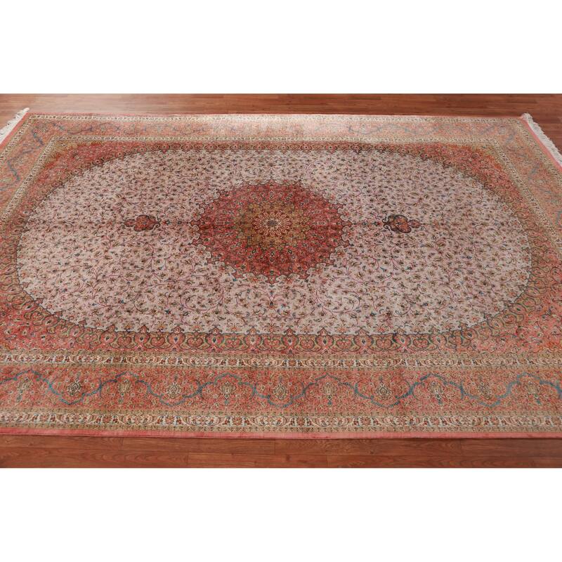 Hand Knotted Oriental 100% Silk Carpet Traditional Floral Beige & Ivories Qum Area Rug - 9' 11'' X 6' 5''