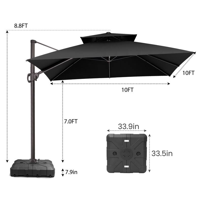 Pellebant Outdoor 10x10 FT Square Cantilever Patio Umbrella 360 Degree Rotation with HDPE Base