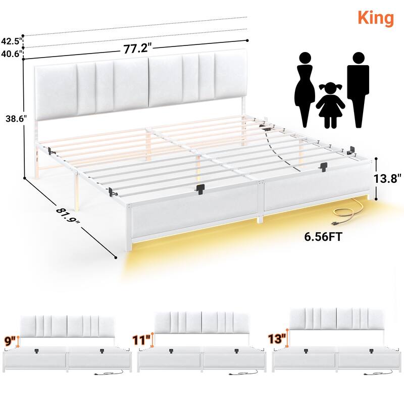 Upholstered Bed Frame with Height Adjustable Headboard,with RGB LED Light and Charging Hub