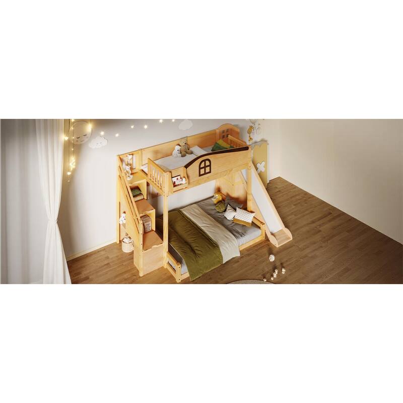 Roomfitters Twin Over Full Bunk Bed with Slide, Wardrobe and Storage Staircase