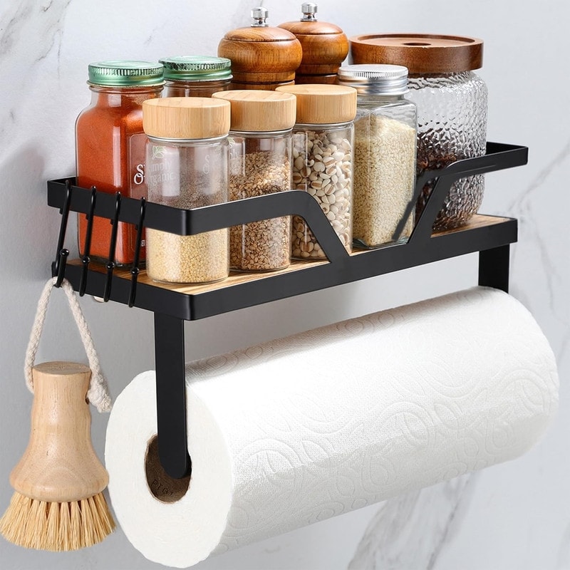 Kitchen Paper Towel Holder with Shelf, 2-in-1 Sticky Wooden Paper Towel Roll Holder, Wall Mounted Spice Rack with 4 Hooks